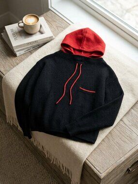Wilkes Sport VTG 90s Men's Black/Red Colorblock 100% Wool Knit Pullover Hoodie L